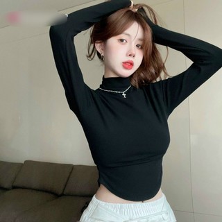 Áo thun gân cổ lọ vạt bầu tay dài ôm body thiết kế đơn giản, năng động MC