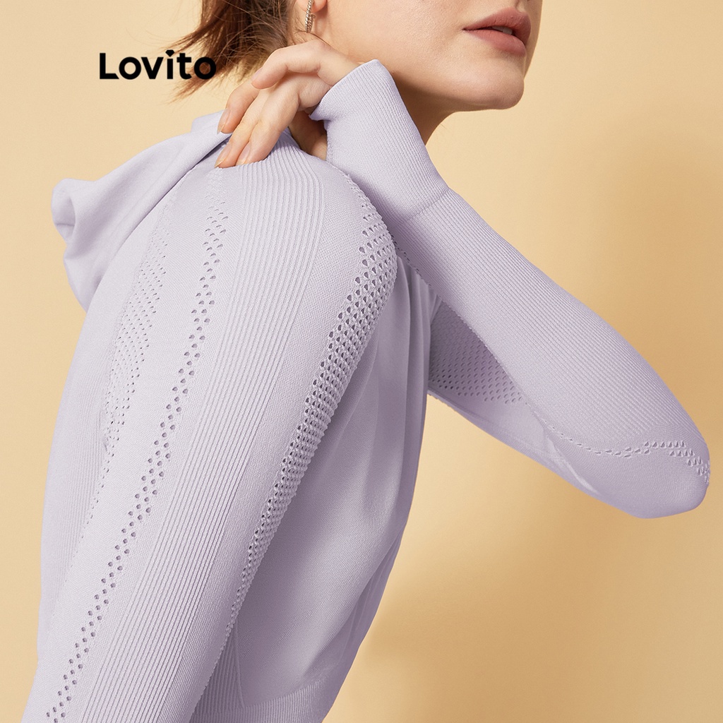 Lovito Chống đổ mồ hôi Huấn luyện bơi lội Đi bộ đường dài liền mạch Mũ trùm đầu thể thao nữ Áo phông thể thao L34AD010 (Tím / Đen)