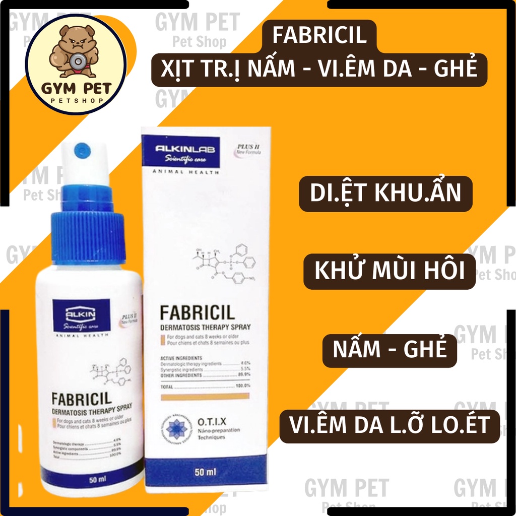 Xịt nấm, v̴i̴êm̴ d̴a̴ c̴ó m̴ủ, ghẻ cho chó mèo - Fabricil Alkin 50ml