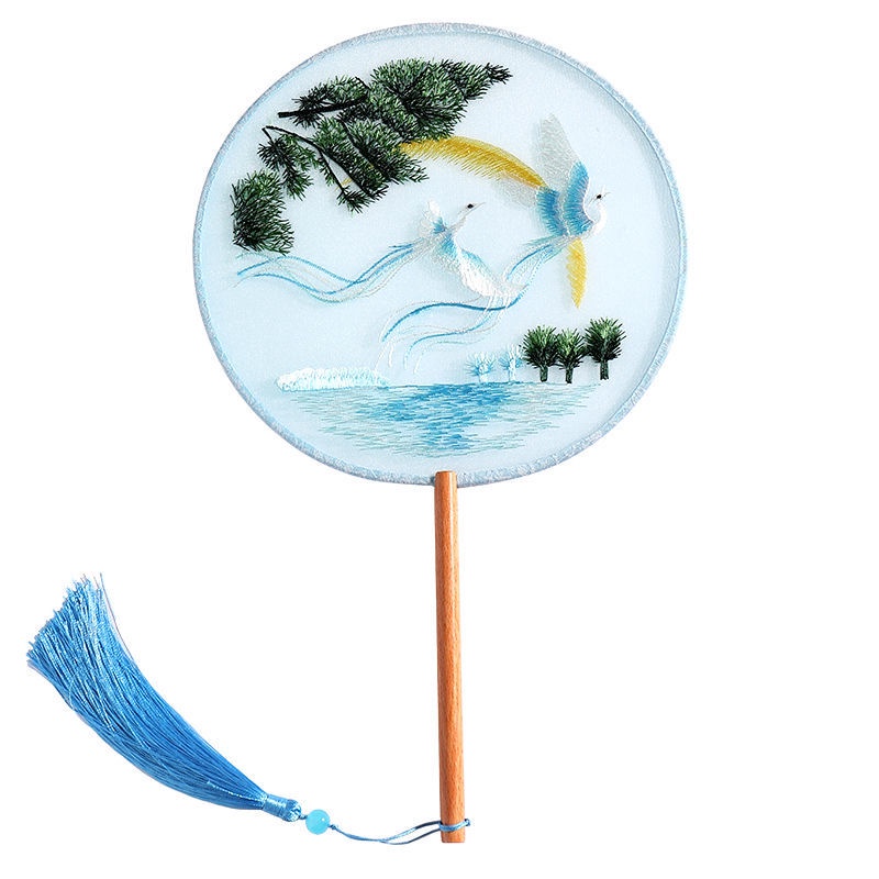 Quạt Hai Mặt Thêu Họa Tiết Phối Tua Rua Phong Cách Trung Hoa 12.29