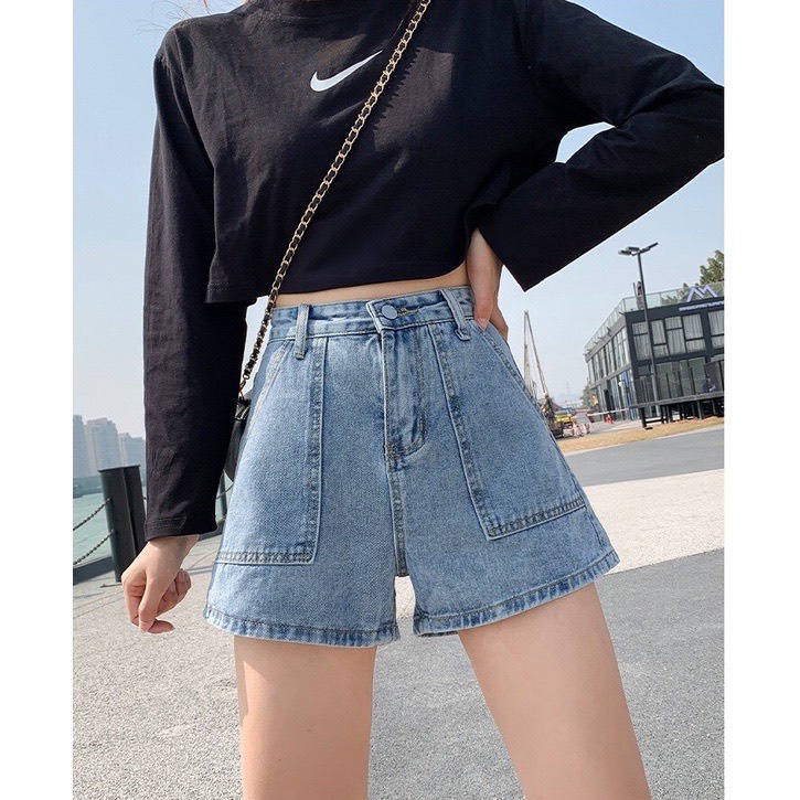 Quần sooc bò jean nữ ngố ống suông rộng short jean cạp cao phong cách Hàn Quốc | BigBuy360 - bigbuy360.vn