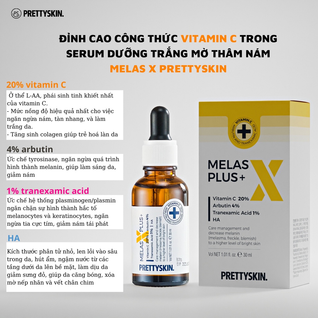 Tinh chất dưỡng trắng mờ thâm nám Prettyskin Melas X Plus+ 30ml giúp mờ nám, mờ thâm, làm sáng da hiệu quả