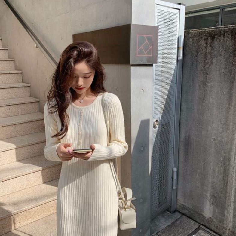 Đầm SUXI dệt kim tay dài cổ tròn ôm dáng vừa vặn phong cách vintage thời trang mùa thu thường ngày dành cho nữ