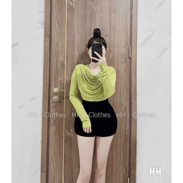 Áo Thun Kiểu Nữ Croptop Cổ Đổ Tay Dài Ôm Body Chất Nhũ Quảng Châu Cao Cấp Chuẩn Form