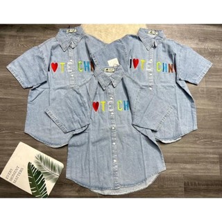 Áo sơ mi nữ jean tay ngắn form rộng in hình cực hot hàng đẹp