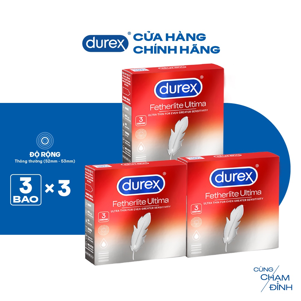 Bộ 3 bao cao su Durex Fetherlite Ultima siêu mỏng, size 52mm, 3 bao/hộp