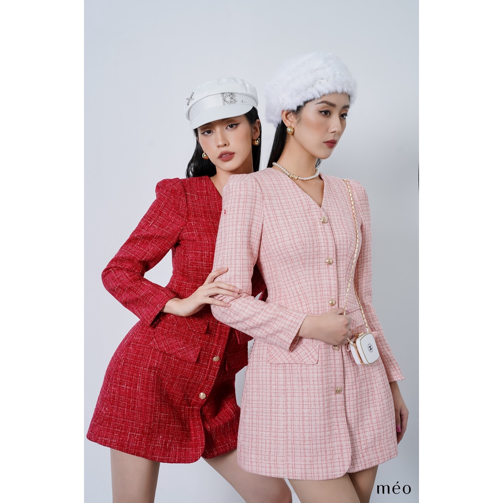 Váy liền nữ Méo shop dạ tweed dài tay cổ V cài cúc phối túi nắp Eplan