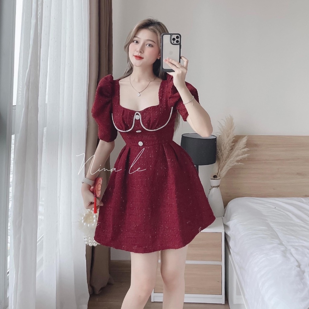 Đầm tiểu thư chữ a hàn quốc dự tiệc, đầm nữ đi chơi sang trọng cá tính với thiết kế cổ vuông tay phồng hot trend