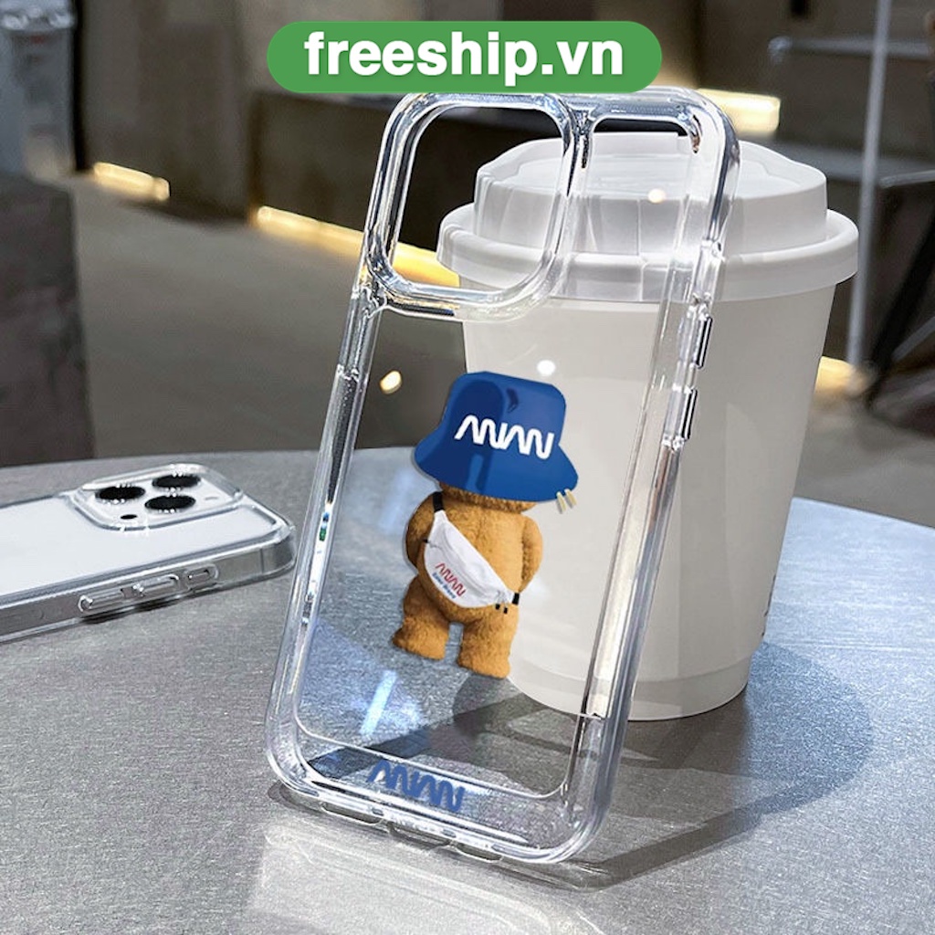 Ốp iphone hình gấu nón xanh phong cách Lưng Cứng Trong Suốt Chống Sốc 11 12 13 14 Pro Max XR XS X 8 7 6 6S Plus SE 2020