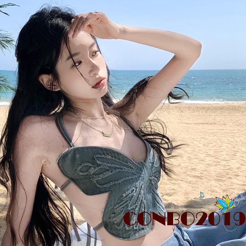Áo Croptop Sát Nách Hở Lưng In Họa Tiết Bướm 3D Thời Trang Mùa Hè Cho Nữ