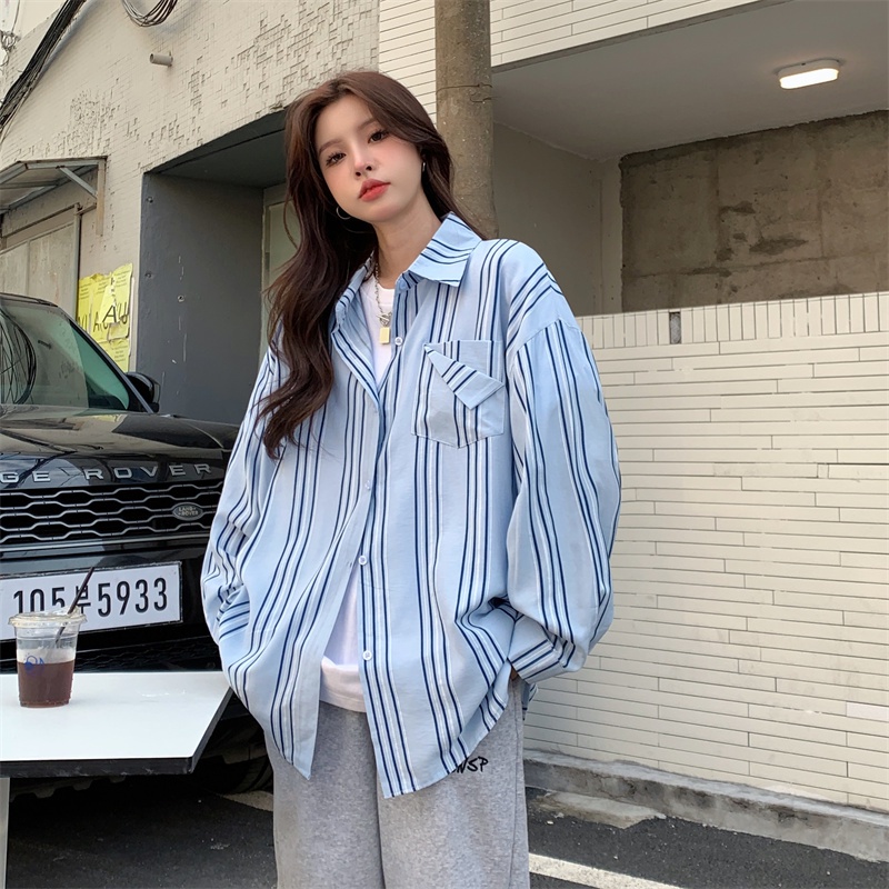 Áo sơ mi SUXI tay dài quá cỡ họa tiết kẻ sọc phong cách Hàn Quốc thời trang đơn giản dành cho nữ