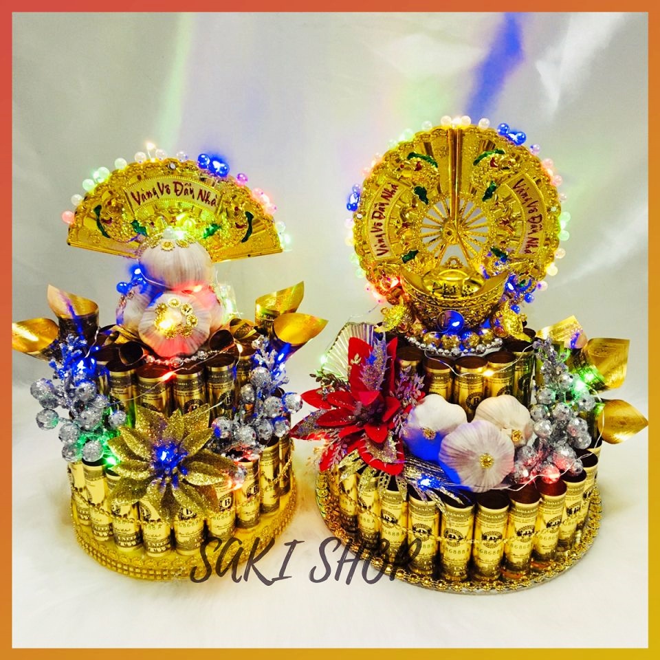 Tháp Tỏi Thần Tài, Bông Tỏi Thần Tài Ông Địa, Tháp Tiền Đô La Thiếc Sang Trọng Rước Tài Lộc May Mắn 