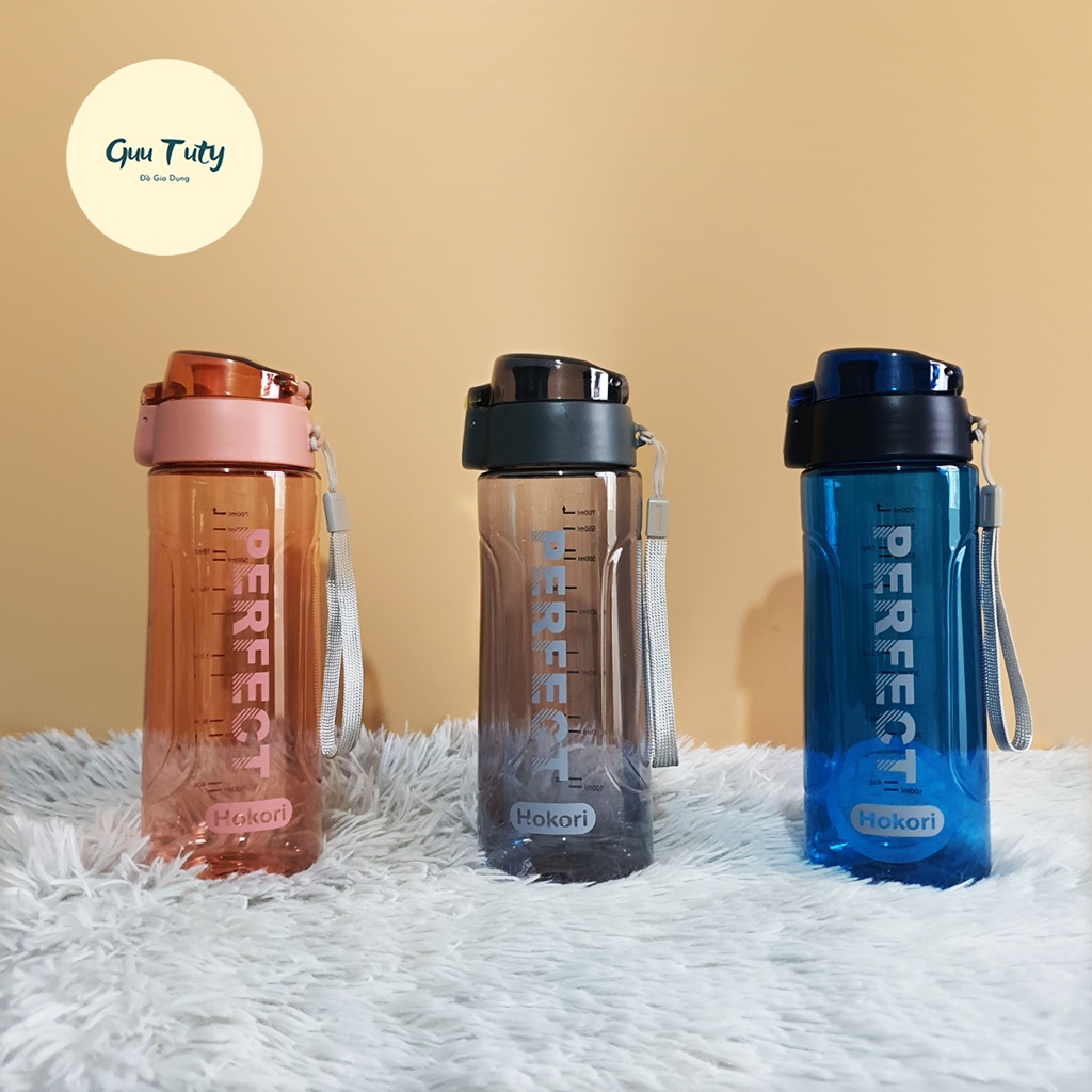 Bình nước thể thao cao cấp nắp bật chống tràn có dây xách tiện dụng 700ml Hokori Perfect, bình nước tập gym