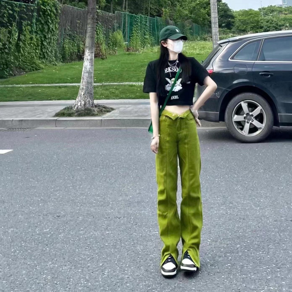 ✧Quần Jeans Xẻ Tà Màu Xanh Lá Phong Cách Mỹ
