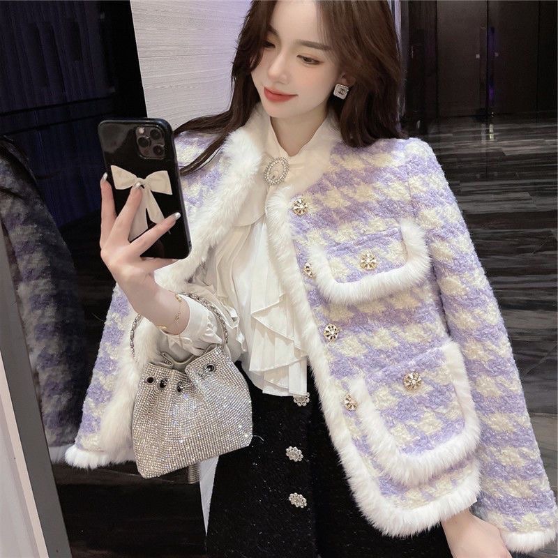 Áo khoác dạ tweed tím pha lông Trần trám