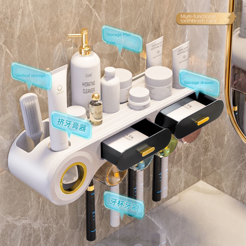 A - LIFE Giá Đỡ Bàn Chải Đánh Răng Cốc Súc Miệng Gắn Tường Không Cần Khoan Kèm Hộp Đựng Kem Đánh R