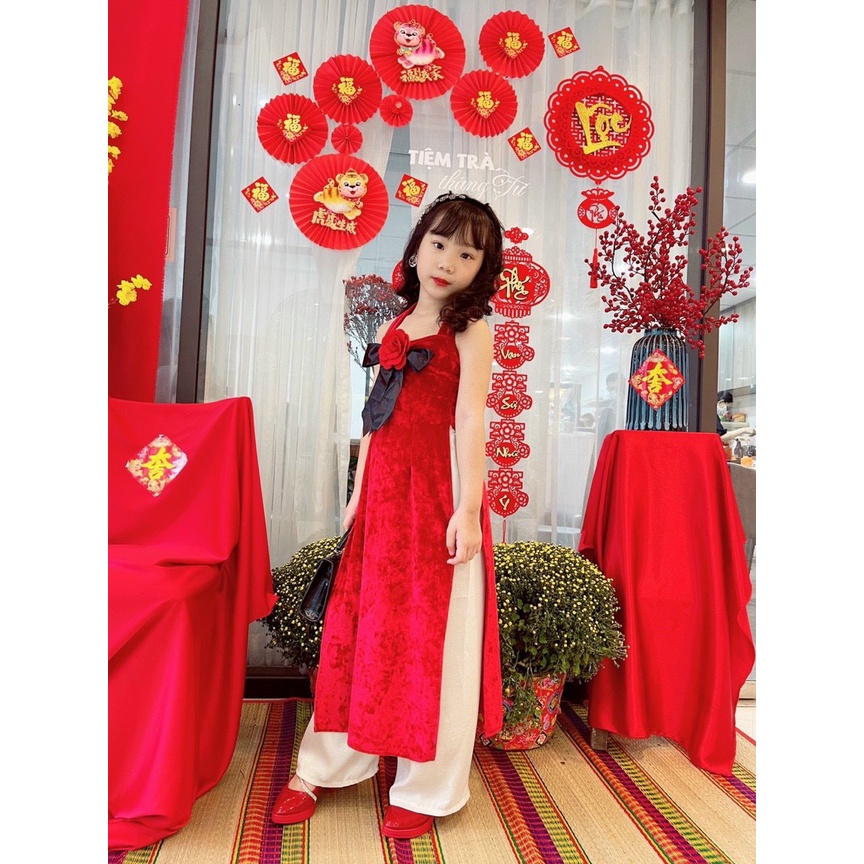 Áo dài cách tân cho bé gái kiểu yếm chất nhung mềm 10kg đến 28kg
