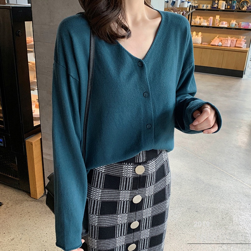 Áo Khoác Cardigan Dệt Kim Tay Dài Cổ Chữ v Màu Sắc Đơn Giản