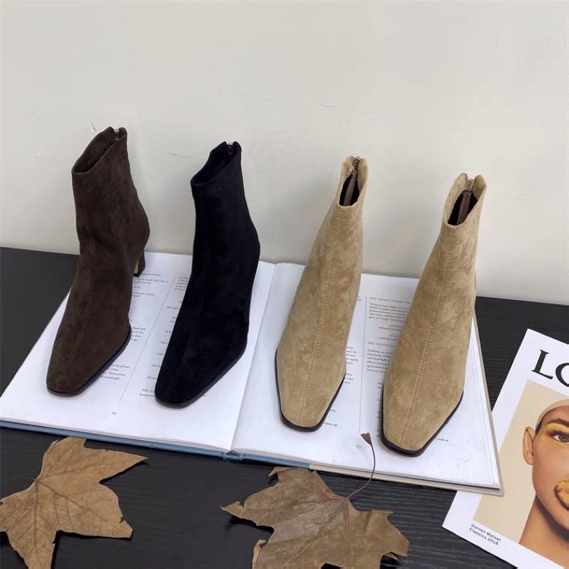 Giày bốt nữ cổ ngắn da lộn mũi vuông boots nữ thời trang