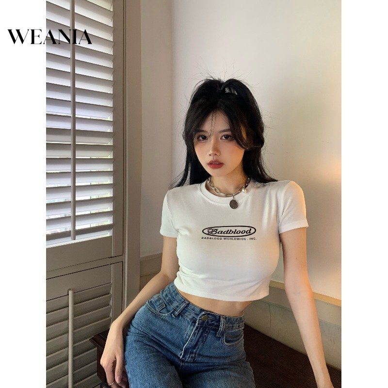 Weania Young Lady Áo Thun Crop Top Ôm Dáng In Chữ Phong Cách Hàn Quốc Cho Nữ