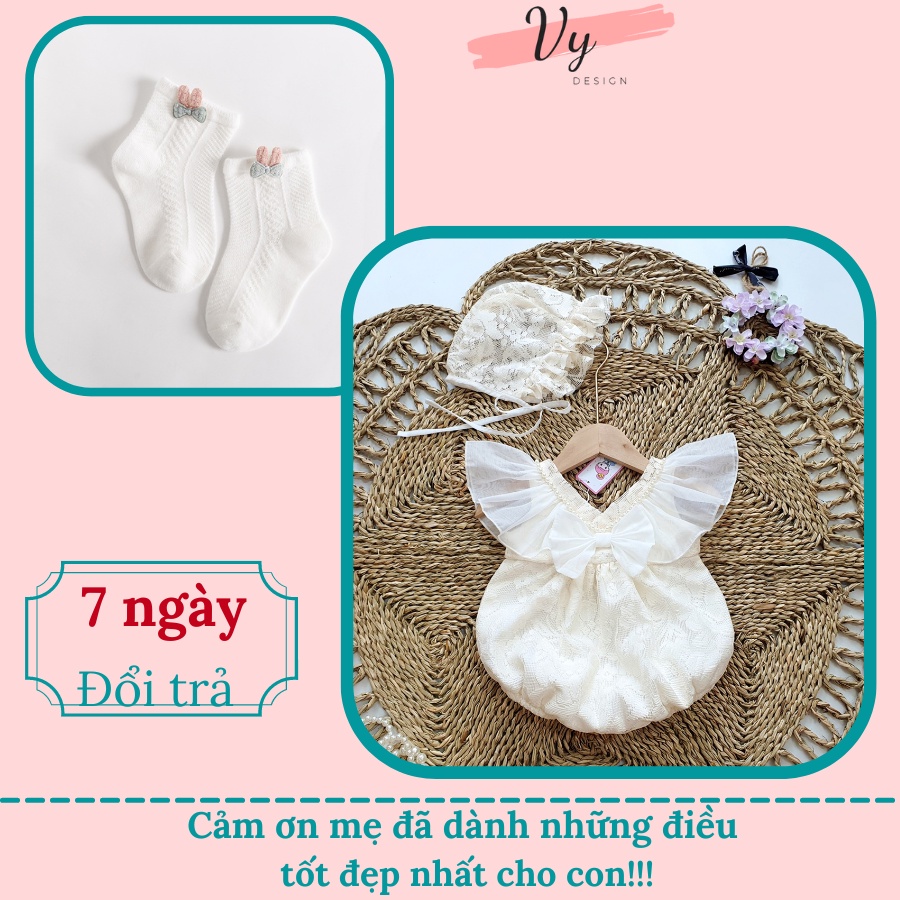 Đồ Sơ Sinh Bé Gái Đầy Tháng VY DESIGN. Bodysuit Cho Bé Gái Nơ Ren, Kèm Mũ Và Tất, Váy Sơ Sinh, Đầm Đầy Tháng