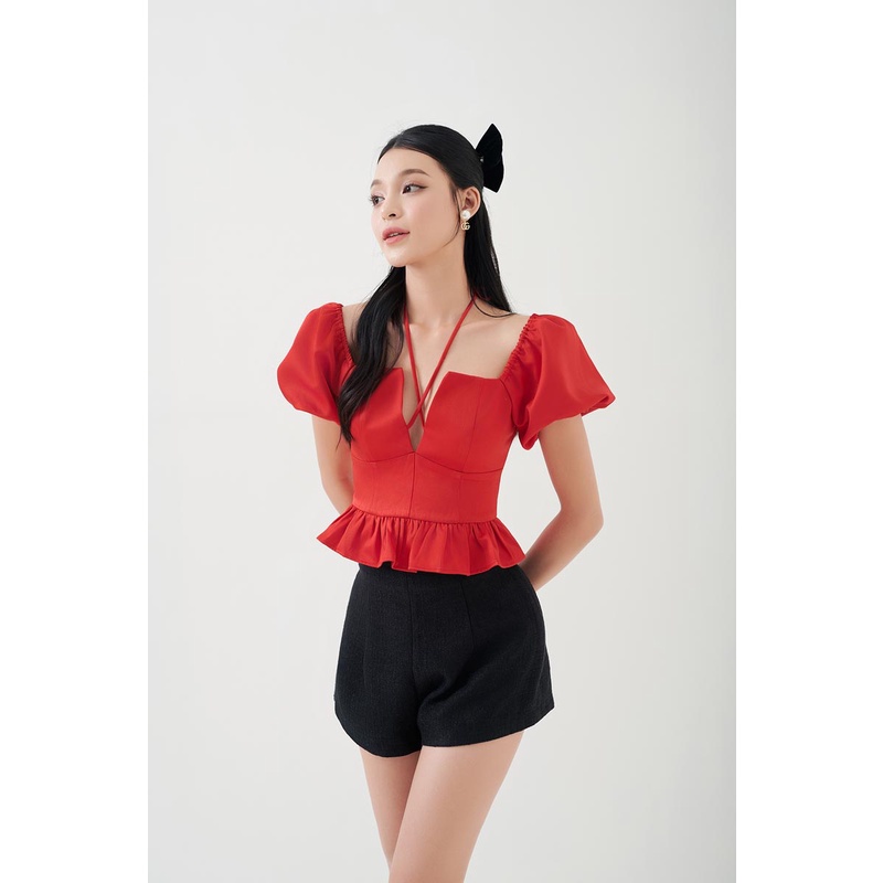 Áo kiểu top ngắn tafta thắt dây sau cổ lai nhún thời trang GAGO màu đỏ và đen GA4247/GA4246