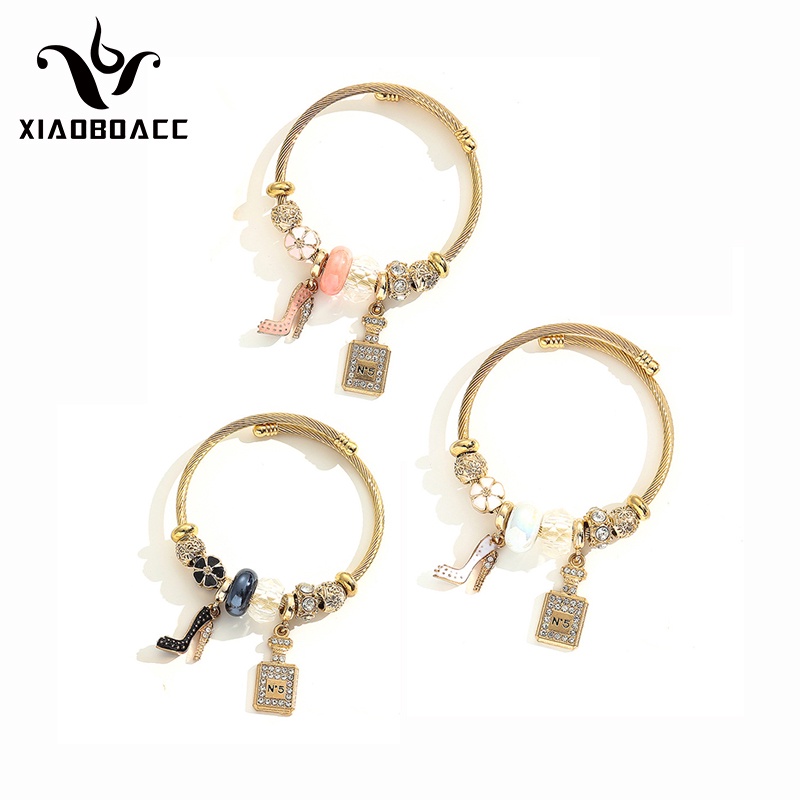 XiaoboACC Vòng Tay Inox Xỏ Hạt DIY Thời Trang Hàn Quốc