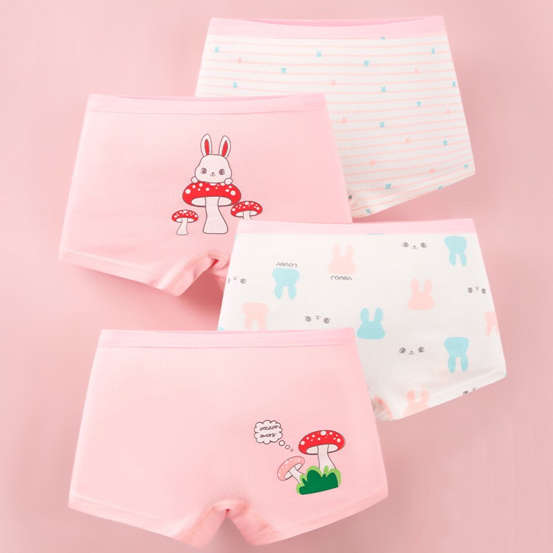 [T18 Set 4 quần chip] Quần lót cho bé gái, quần lót cotton Maruka Fashion họa tiết thỏ nấm hồng đáng yêu