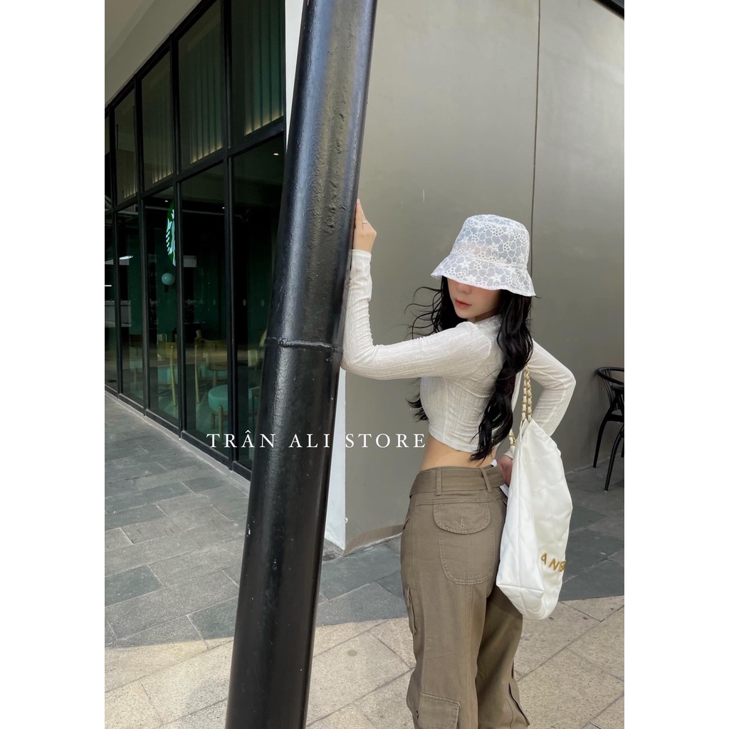 SET ÁO CROPTOP XỐP TAY DÀI TRẮNG + QUẦN SUÔNG TÚI HỘP (TH)