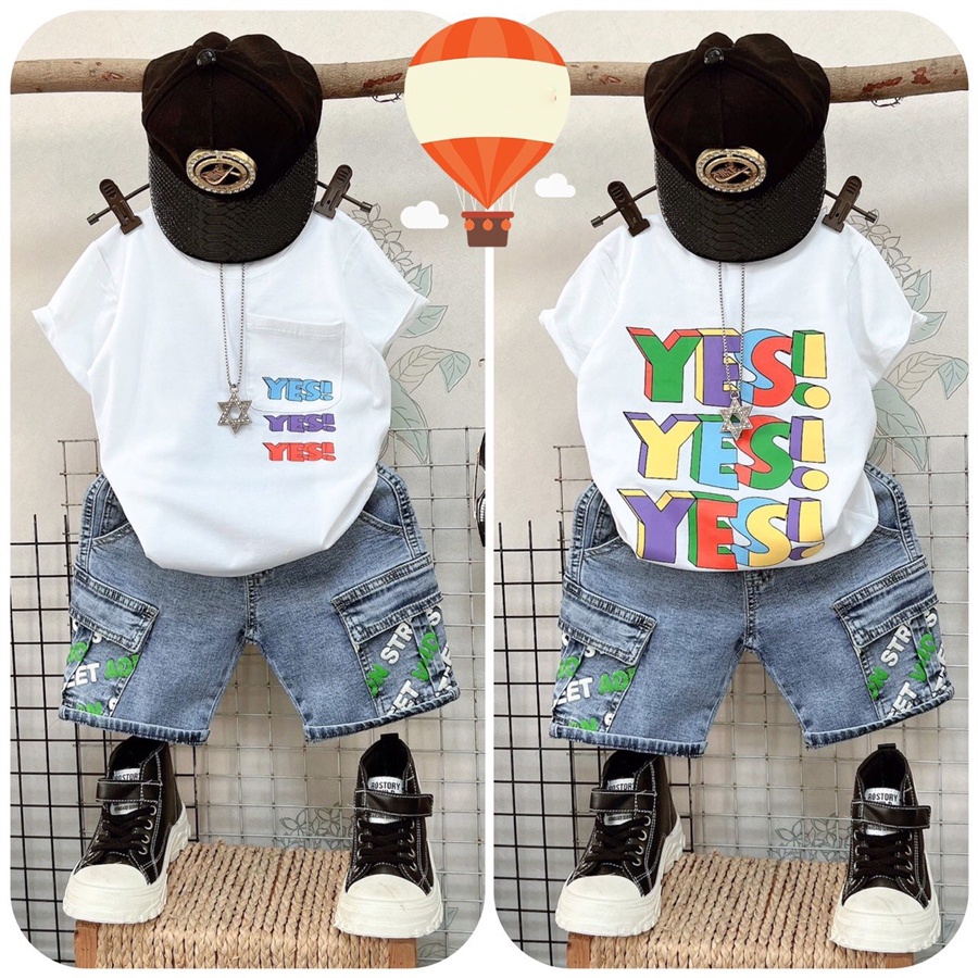 Đồ bộ bé trai, bộ jean túi hộp chữ Yess cool ngầu cho bé trai từ 10 đến 55 kg