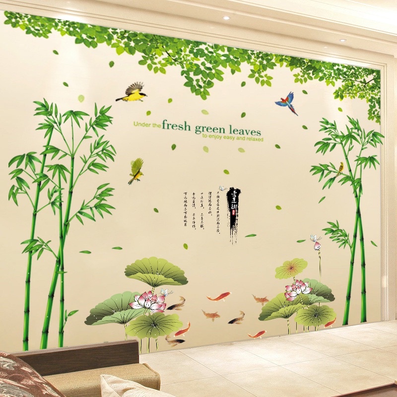 decal dán tường phòng khách COMBO 3 MẪU ( tre + sen + tan la)DÀI 3m cao 2m5