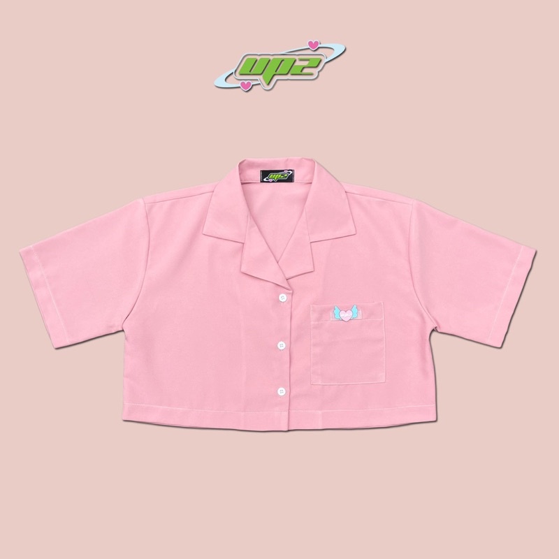 UPZ Áo Sơmi Tay Ngắn Croptop Nữ Cổ Danton Mạc Trái Tim (3 Màu)