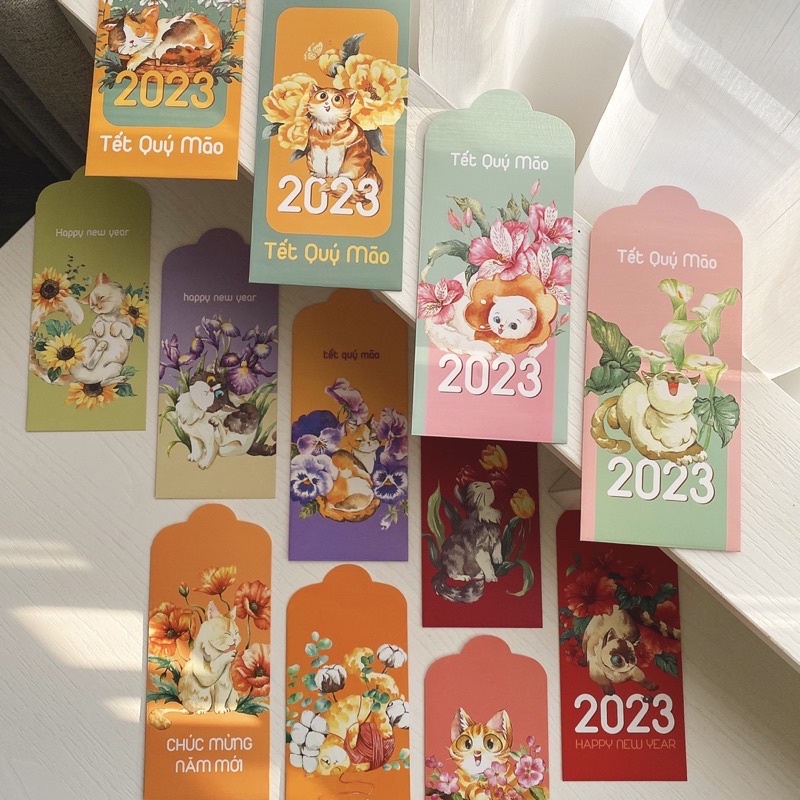 LÌ XÌ MÀU NƯỚC - MÈO CƯNG - bộ 12 chiếc