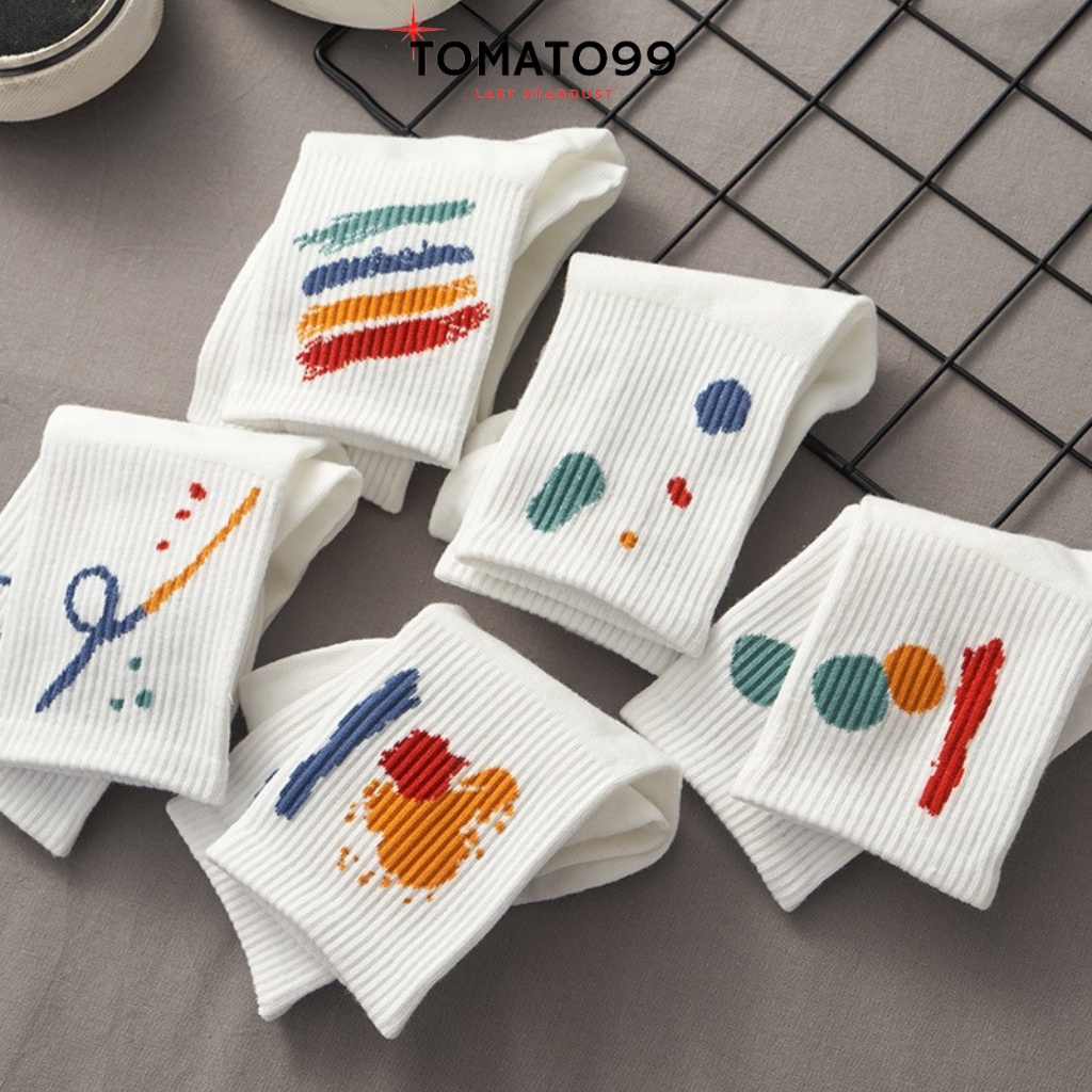 Tất trắng cao cổ nam nữ sét 10 đôi hoạ tiết pha sơn T40