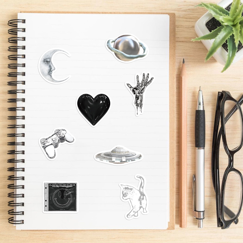 Combo 50 Sticker MÀU TRẮNG XÁM KIM LOẠI AESTHETIC HIỆN ĐẠI hình dán chống nước dán mũ bảo hiểm, laptop, vali, điện thoại