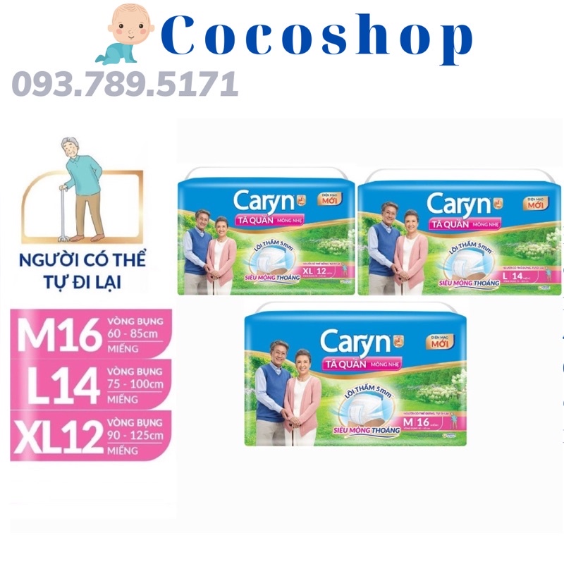 Bỉm/ Tã Người Già Caryn Loại mỏng nhẹ/ thấm hút tốt/ Vừa vặn đủ size M16/ L14/ XL12