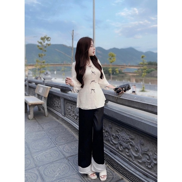 Set đồ lam cách điệu nơ xinh xắn - Set lam giá tốt vải đẹp-HN Closet