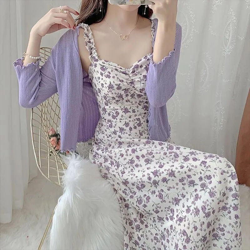 Zimaho Set Váy Đầm Hai Dây Họa + Áo Khoác cardigan Dệt Kim Tay Dài Thời Trang Mới