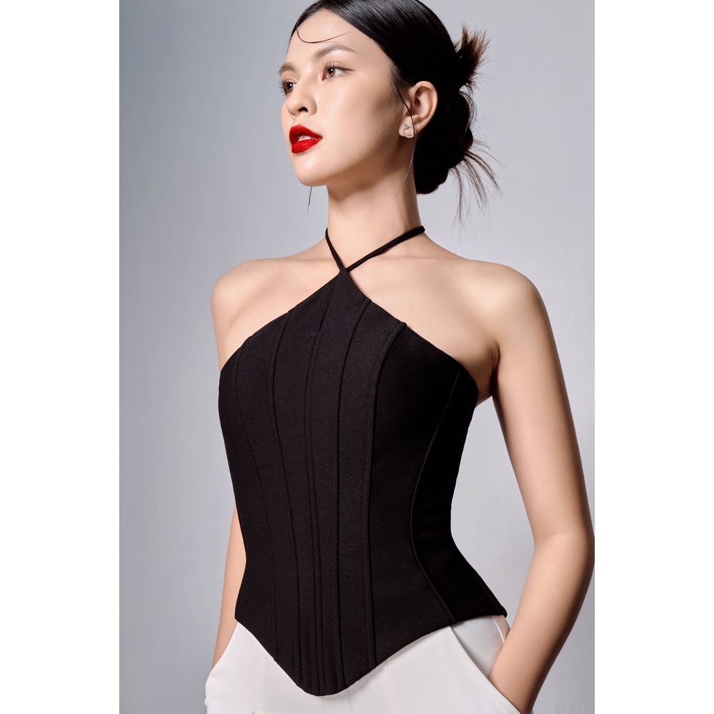 Áo Thiết Kế Ivory Corset Dây Yếm Chất Liệu Cắt Len Phong Cách Trẻ Trung Màu Đen