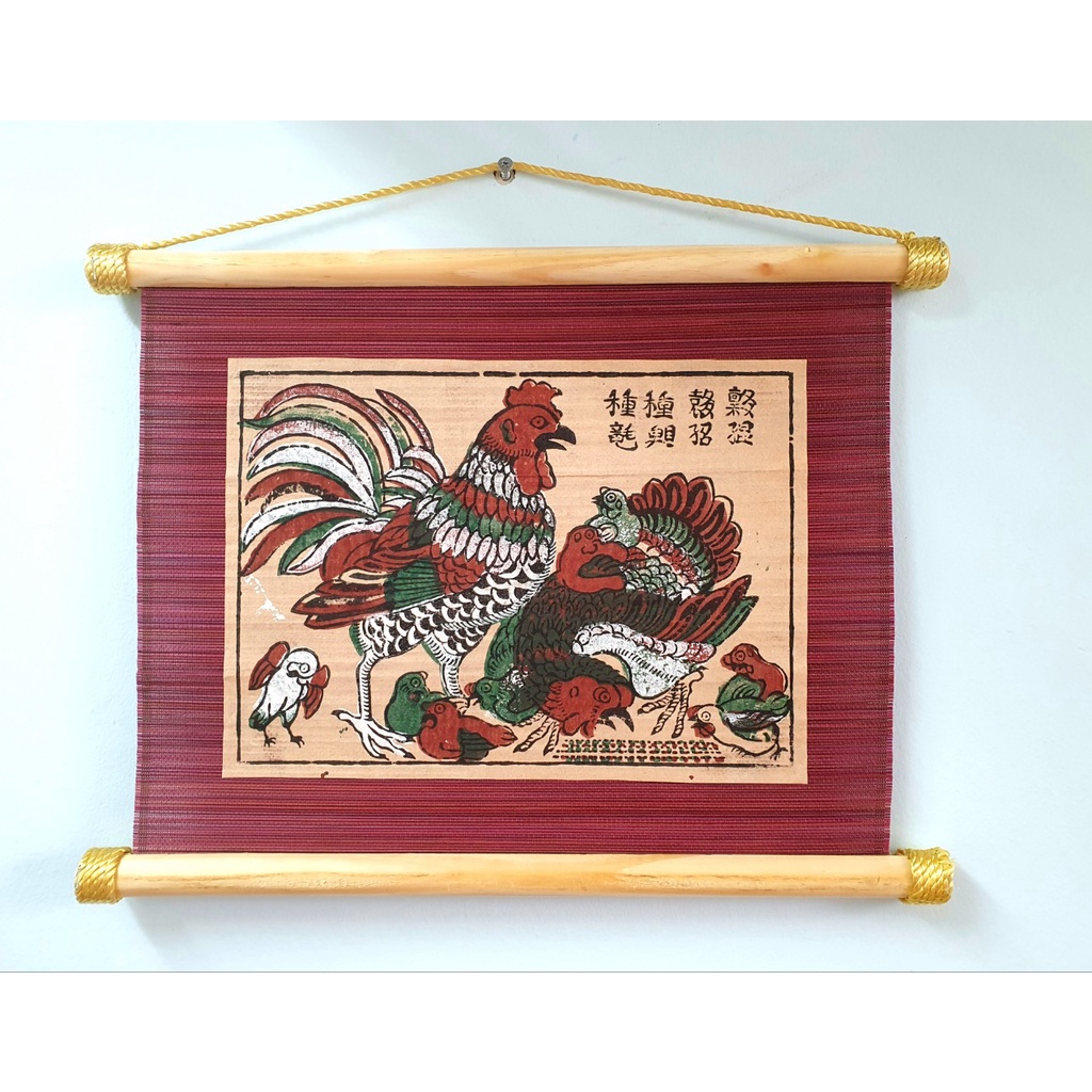 Tranh Đông Hồ Gà thư hùng (Gia đình gà) - Dong Ho folk woodcut painting