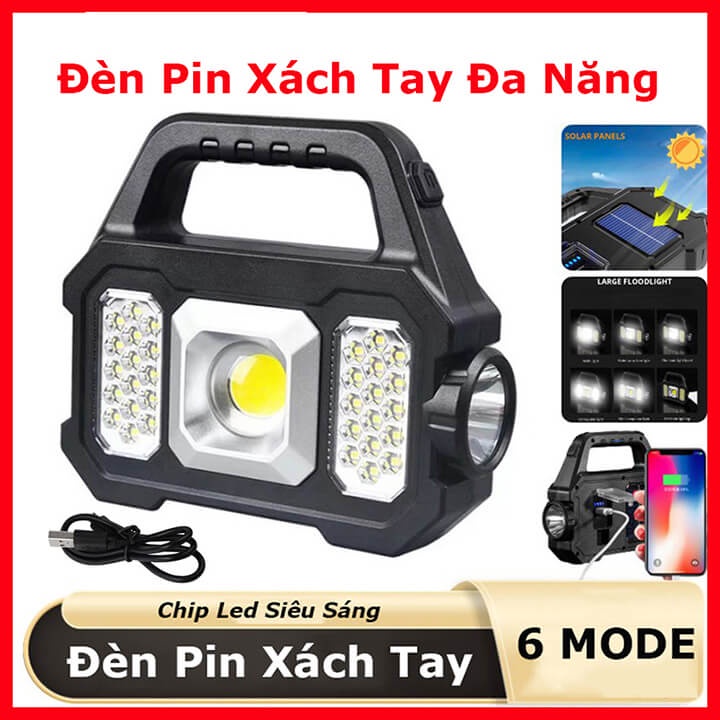 Đèn pin siêu sáng đa năng sạc năng lượng mặt trời 6 chế độ sáng, đèn pin Led kiêm sạc dự phòng