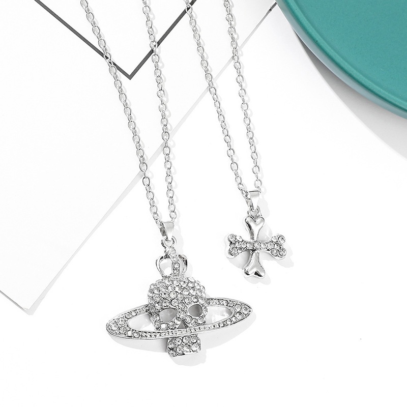 Vòng cổ Hai Lớp Mặt Hình Đầu Lâu Đính Đá Kim Cương Phong Cách Hip Hop Punk Thời Trang