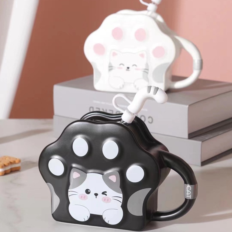 Cốc Uống Nước Bằng Sứ Cao Cấp Họa Tiết Chân Mèo Hoạt Hình Dễ Thương Kèm Ống Hút Tiện Dụng Cho Học Sinh