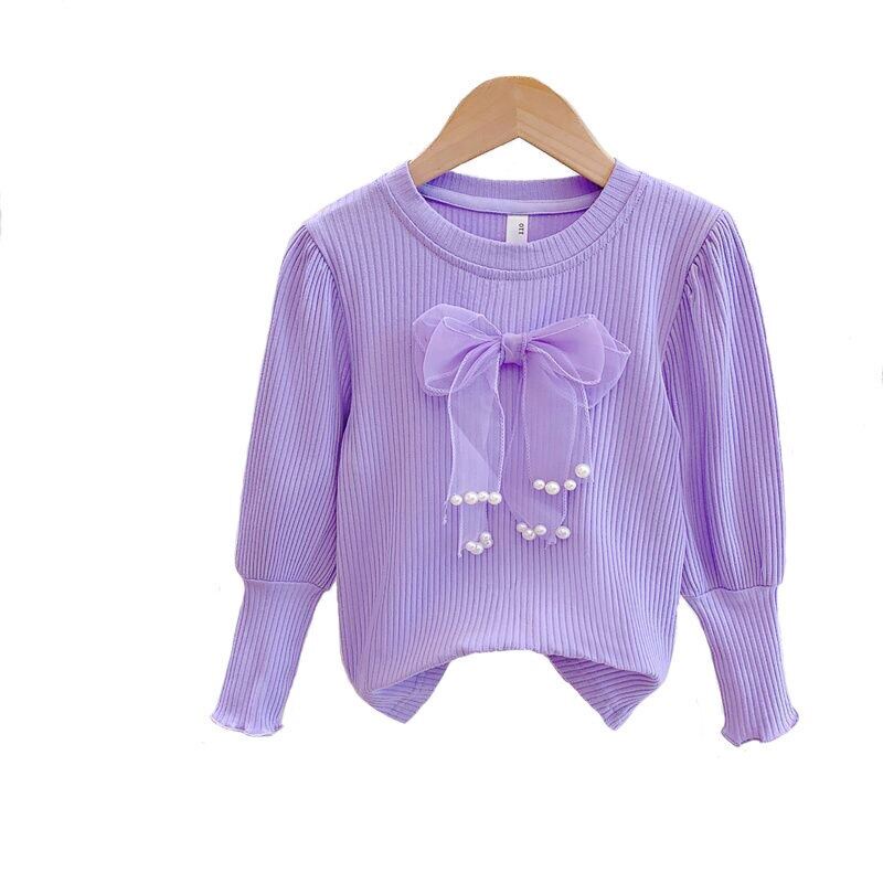 Áo Thun Tay Dài Dệt Kim Màu Trơn Đính Nơ Thời Trang Xuân Thu Xinh Xắn Cho Bé Gái 3-7 Tuổi