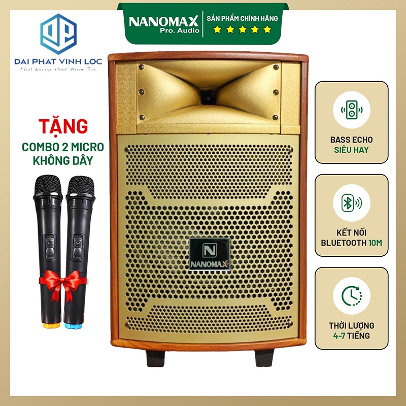 Loa Kéo Karaoke Nanomax S-10B 2.5 Tấc Đọc Được Usb Thẻ Nhớ Công Suất 120W Tay Kéo Vân Gỗ Tặng 2 Mic Bluetooth