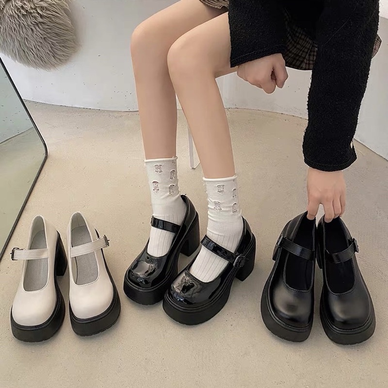 Giày cao gót Vintage Mary Jane đế trụ vuông dáng lolita 10cm