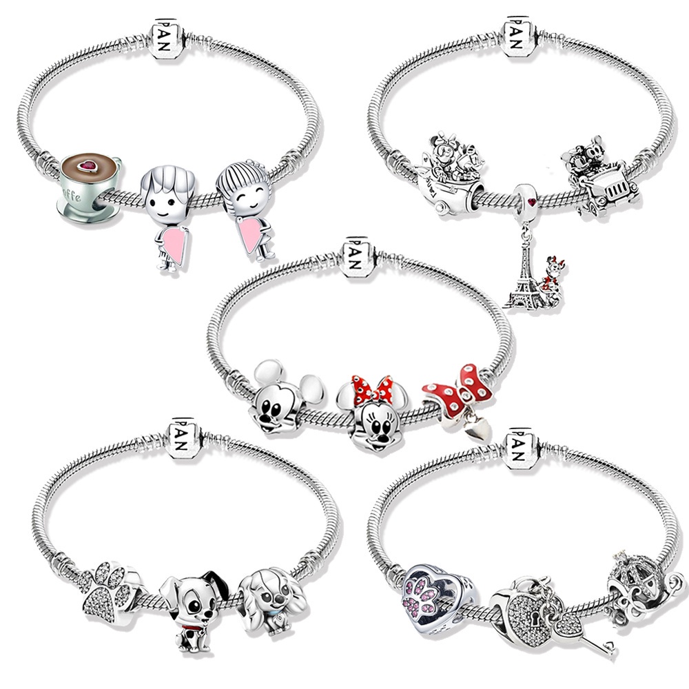 Vòng Tay Bạc 925 Charm Mickey Minnie Disney Pandora 19cm Kèm Túi Nhung