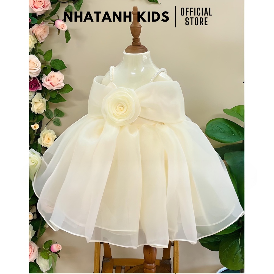 Đầm bé gái NHATANH KIDS choàng vai màu kem hoa hồng sang trọng cho bé từ 0-12 tuổi NA26