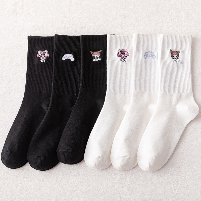 Vớ Cotton Cổ Vừa Màu Trắng Đen Thêu Họa Tiết Chú Chó Dễ Thương Thời Trang Cho Nữ