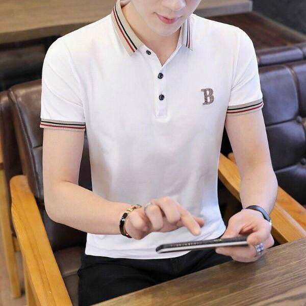 Áo thun polo nam phối chữ B cổ bẻ 2 màu xanh trắng chất cotton co giản 4 chiều lịch lãm
